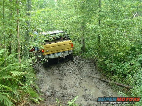Yellow pickup truck stuck in mud on a wooded trail. Visible taillight and license plate