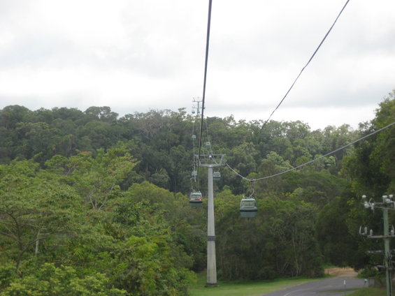 Cable cars suspended from a wire over a lush green forest with a cloudy sky