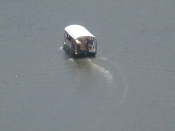 Tour boat moving through water, leaving a wake