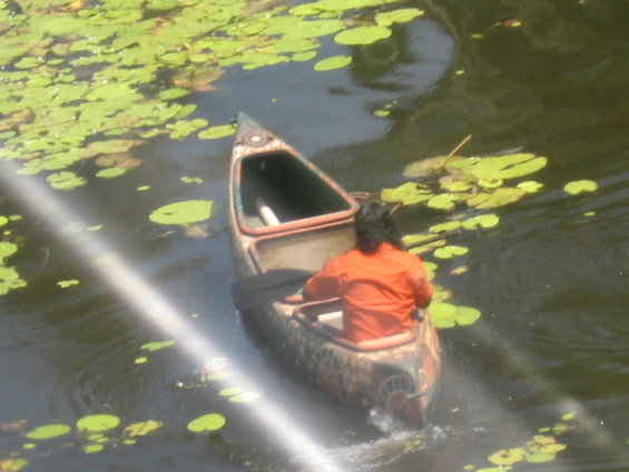 Canoe with person in orange shirt on water with lily pads