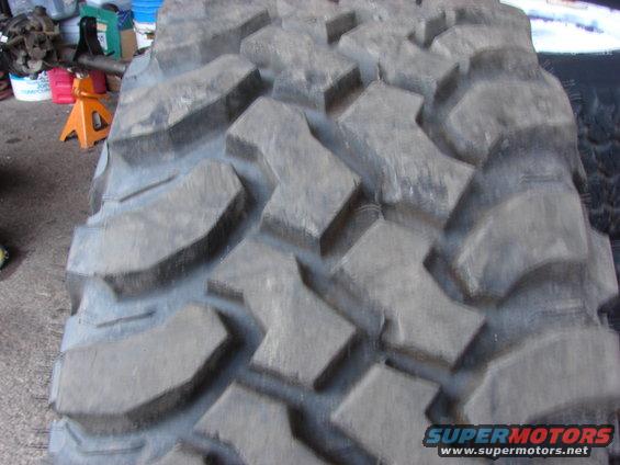Close-up of a large, aggressive off-road tire tread pattern