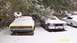 1968 Ford Mustang - A yellow-trimmed car sits covered in snow next to other vehicles in a snowy yard.