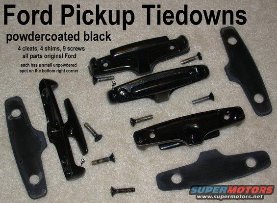 tiedownsbk.jpg SOLD Tiedowns Powdercoated Black from pre-'83 F-series

All original hardware included, with 1 extra screw.  Note small spot on each bottom corner not powdered due to hanging wire.