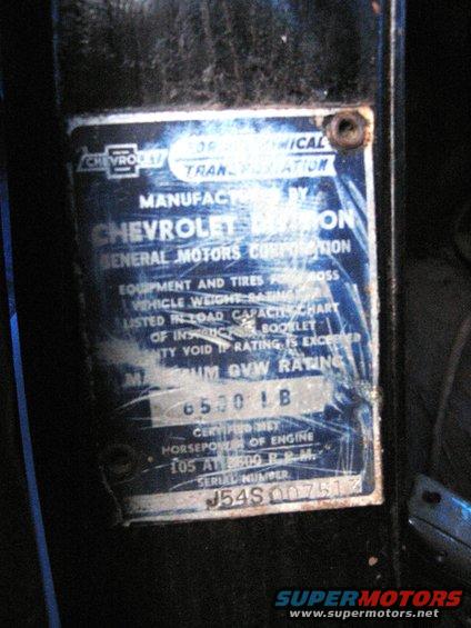 Chevrolet Division vehicle identification plate with VIN J54S007517