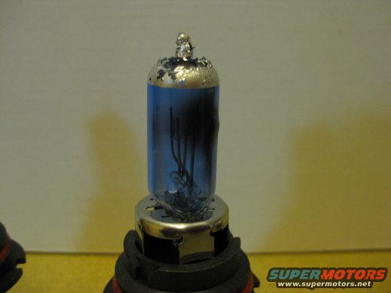 Close-up of a blue-tinted automotive headlight bulb with visible filament wires
