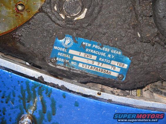 Blue data plate with "New Process Gear Syracuse, N.Y." and "196 78" visible