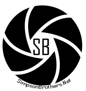 Camera aperture logo with SB initials and SimpsonBrothers.Net text