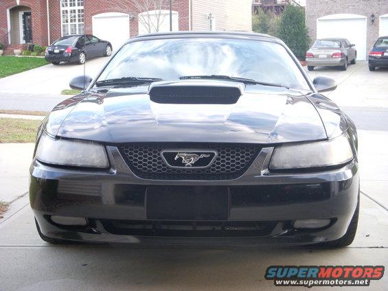 Front view of a black 2001 Ford Mustang Cobra with a hood scoop