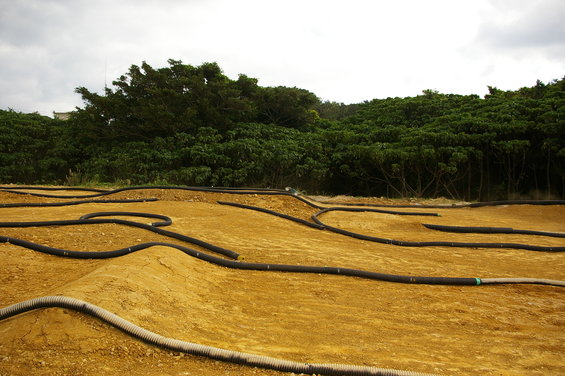 Dirt track with black hoses marking the course, surrounded by trees