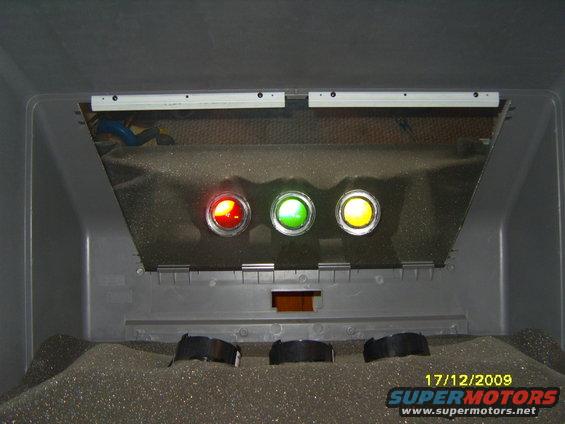Interior view of a vehicle's dashboard with red, green, and yellow indicator lights illuminated