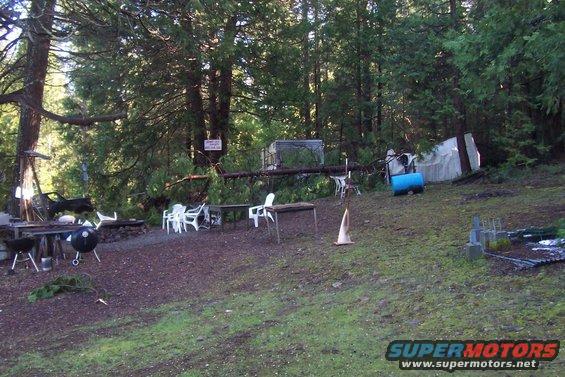 campsite with picnic tables, grills, chairs, and debris scattered around trees