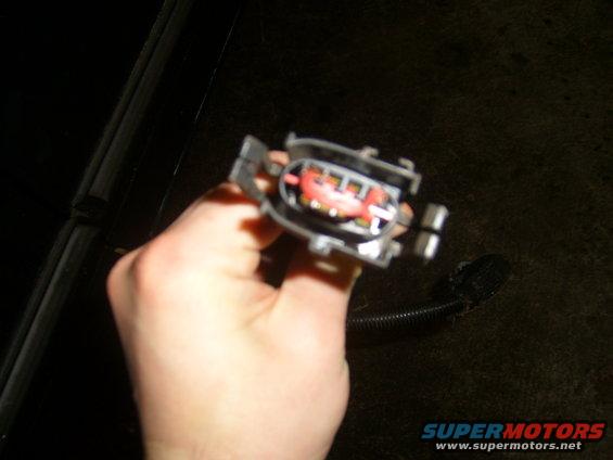 Hand holding an open electrical connector with red and gold terminals