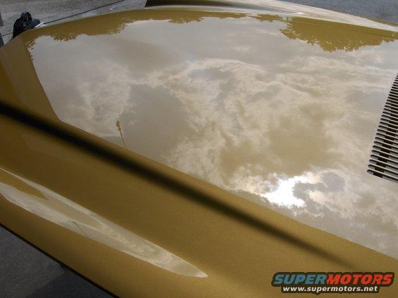 Gold car hood with sky reflection, showing part of a grille