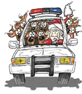 cartoon police car with Santa, reindeer, and dogs inside