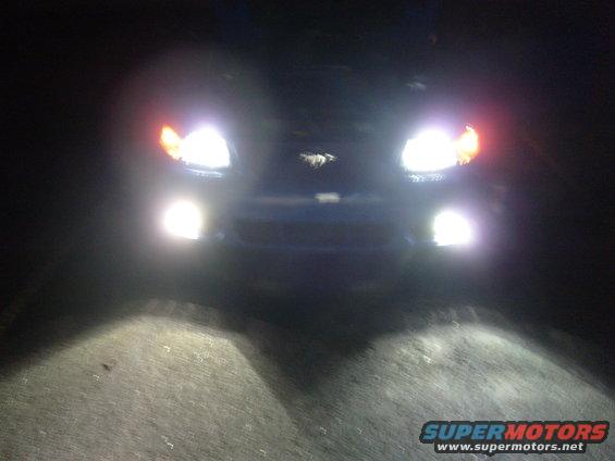 Front view of blue car at night with headlights on, showing a horse emblem
