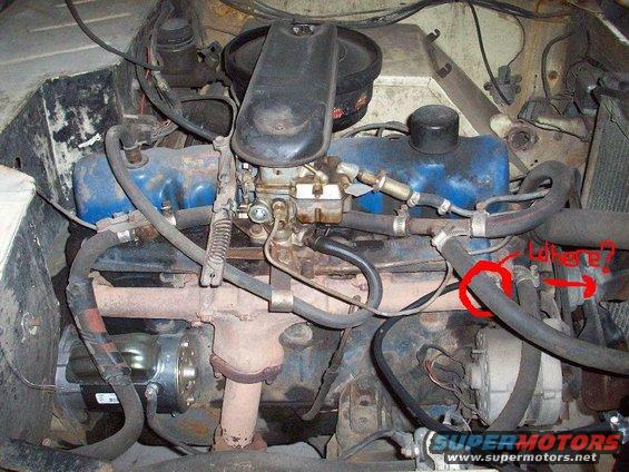 Engine bay showing V8 engine components, hoses, and wiring. A red circle highlights a hose connection
