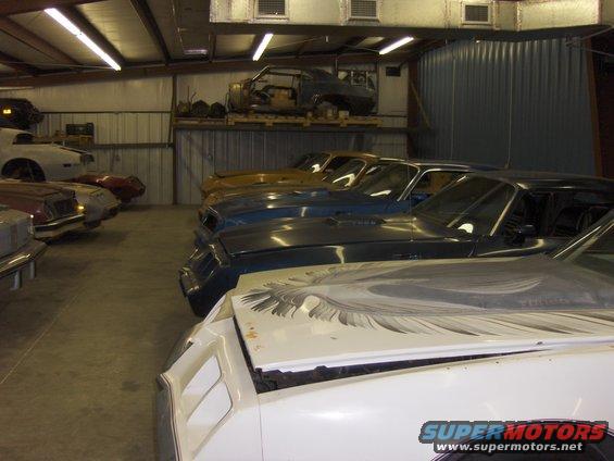 Multiple classic cars parked in a garage, one with an eagle graphic on the hood