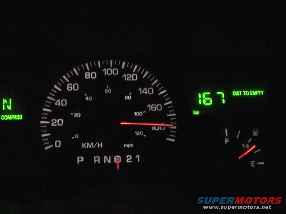 Dashboard gauges showing speed, fuel, and distance to empty