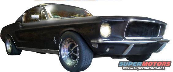 Black 1968 Ford Mustang coupe with chrome wheels and white letter tires, viewed from a 3/4 front angle