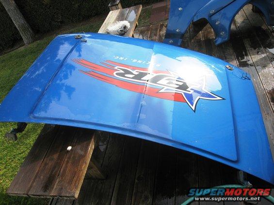 Blue hood with red and white racing decals