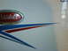 2003 Peterbilt 379 - Close-up of a Peterbilt emblem and a red and blue stripe graphic on the side of a white truck.