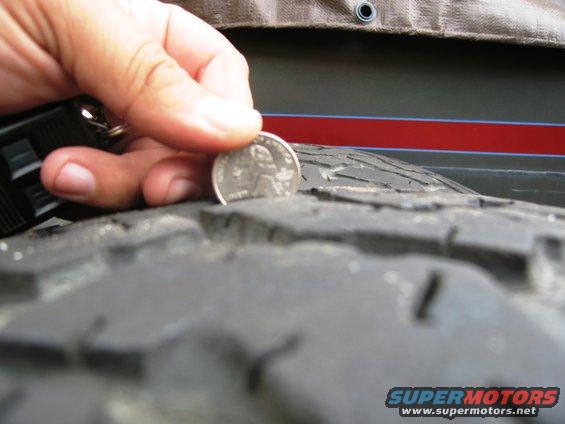 Tire tread depth measured with a quarter, showing a red stripe on the vehicle body