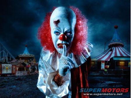 Creepy clown with red hair and white face, holding finger to lips, in front of a dark carnival scene with tents and a roller coaster