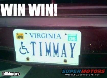 Virginia license plate "TIMMAY" with handicap symbol and 2006 sticker