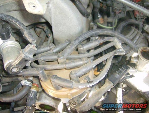 Engine bay with distributor cap, spark plug wires, and hoses. Text 'SUPERMOTORS' visible