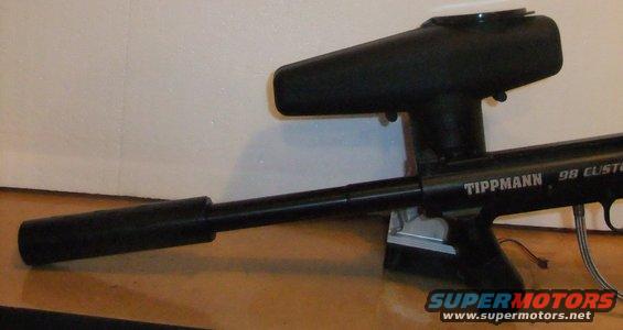 Black Tippmann 98 Custom paintball gun with a suppressor and hopper