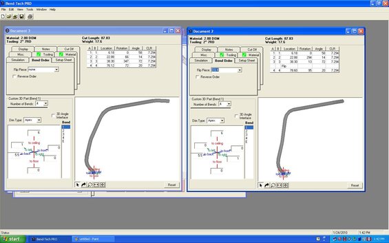 Computer screen displaying Bend-Tech PRO software with two documents showing tube bending simulations