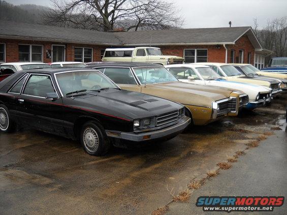 Black coupe with red stripe and hood scoops parked in a line of cars