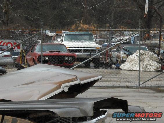 White Ford F-Series truck in a junkyard, front view. Red car and other vehicles also visible