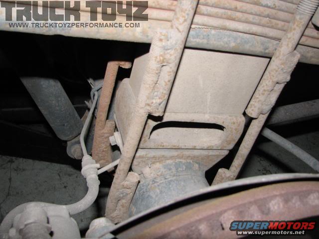 Leaf spring suspension with shock absorber and brake line. Dusty and rusted