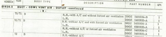 70 Air Duct Part Numbers