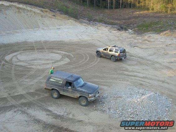 Dark blue Ford Bronco parked on dirt, with a silver SUV in the background