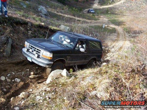 Black Ford Bronco navigating a rocky, off-road trail