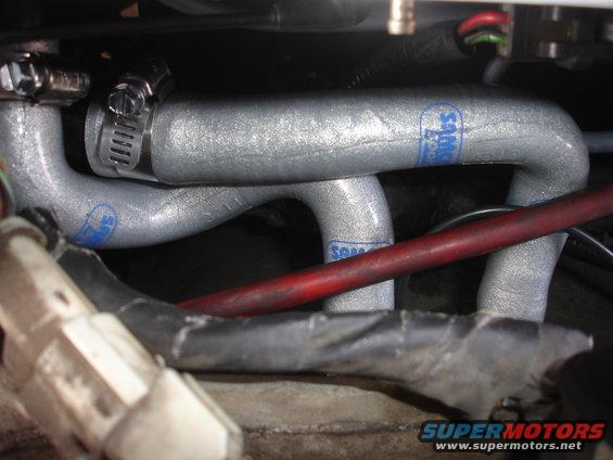 Close-up of silver engine hoses with blue "Samco" logos and metal clamps