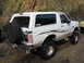 1996 Ford Bronco - White Ford Bronco with custom graphics and lifted suspension is parked off-road.