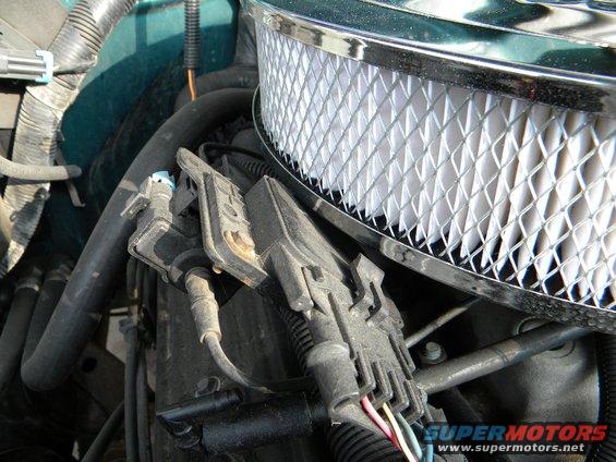 Close-up of engine bay, showing air filter and wiring harness