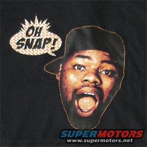 Black t-shirt with graphic of man's face and 'OH SNAP!' speech bubble