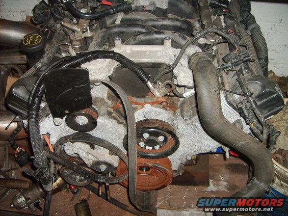 Engine block with serpentine belt, pulleys, and hoses. Some rust is visible on the pulleys