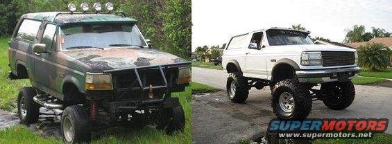 Two lifted Ford Bronco SUVs, one with camouflage paint and a brush guard, the other white
