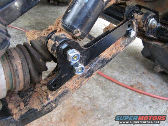 Close-up of ATV suspension with mud. Shows a black metal bracket bolted to the frame with two silver nuts and blue-ringed bearings