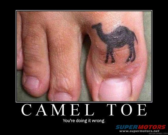 Camel tattoo on a toe, with text 'CAMEL TOE' and 'You're doing it wrong.'