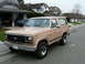 1984 Ford Bronco - A tan Ford Bronco is parked on the side of a street in front of houses.
