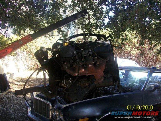 engine hoist lifting a V8 engine out of a dark-colored car with the hood up