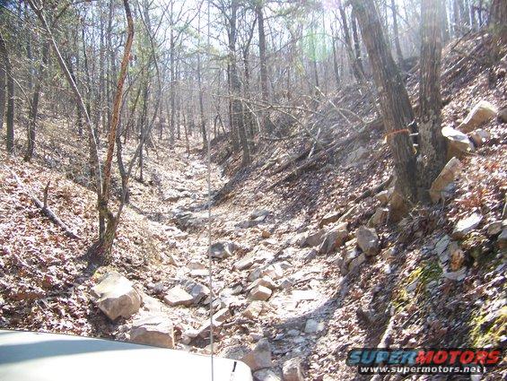 view from inside a vehicle driving up a rocky, wooded trail