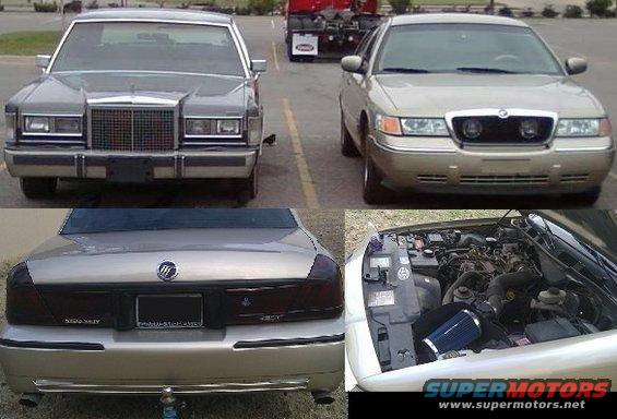 Two sedans parked, one is a gold Mercury Grand Marquis seen from the front and rear, the other is a grey sedan seen from the front. The gold car's hood is open revealing the engine