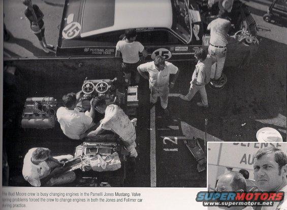 Racing team members work on engines next to a race car with number 15. A smaller inset shows two men